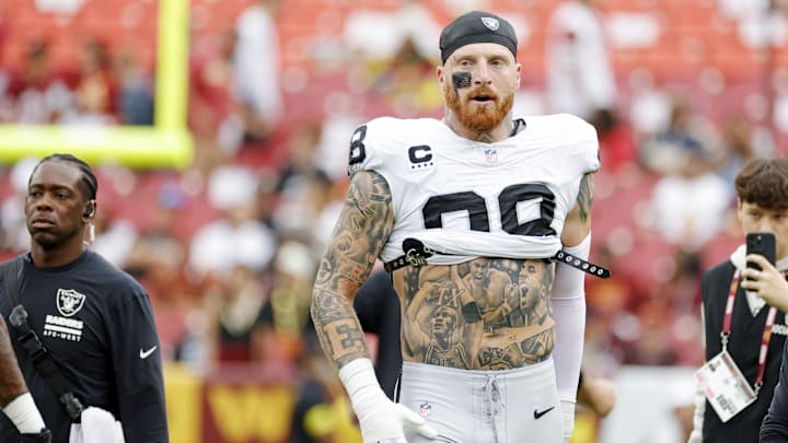 Sep 21, 2025; Landover, Maryland, USA; Las Vegas Raiders defensive end Maxx Crosby (98) warms up before the game against the Washington Commanders at Northwest Stadium. Mandatory Credit: Amber Searls-Imagn Images