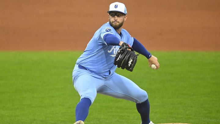 Sep 9, 2025; Cleveland, Ohio, USA; Kansas City Royals starting pitcher Noah Cameron (65) delivers a pitch in the fourth inning against the Cleveland Guardians at Progressive Field. Mandatory Credit: David Richard-Imagn Images Sep 9, 2025; Cleveland, Ohio, USA; Kansas City Royals starting pitcher Noah Cameron (65) delivers a pitch in the fourth inning against the Cleveland Guardians at Progressive Field. Mandatory Credit: David Richard-Imagn Images