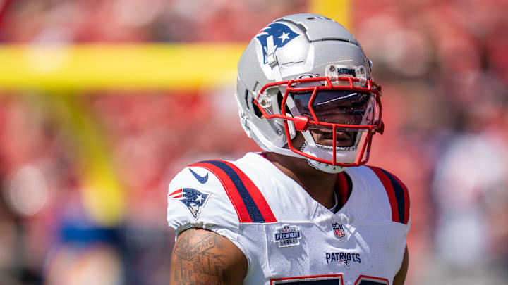 Sep 29, 2024; Santa Clara, California, USA; New England Patriots linebacker Curtis Jacobs (52) during warmups before the start of the game against the San Francisco 49ers at Levi's Stadium. Mandatory Credit: Neville E. Guard-Imagn Images Sep 29, 2024; Santa Clara, California, USA; New England Patriots linebacker Curtis Jacobs (52) during warmups before the start of the game against the San Francisco 49ers at Levi's Stadium. Mandatory Credit: Neville E. Guard-Imagn Images