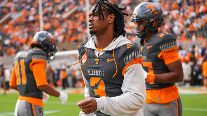 Tennessee defensive back Jermod McCoy (3) jogs during warm-ups before a NCAA football game between Tennessee Volunteers and New Mexico State Aggies at Neyland Stadium in Knoxville, Tenn., on Nov. 15, 2025. Tennessee defensive back Jermod McCoy (3) jogs during warm-ups before a NCAA football game between Tennessee Volunteers and New Mexico State Aggies at Neyland Stadium in Knoxville, Tenn., on Nov. 15, 2025.