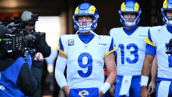 Jan 25, 2026; Seattle, WA, USA; Los Angeles Rams quarterback Matthew Stafford (9) walks on field before the 2026 NFC Championship Game against the Seattle Seahawks at Lumen Field. Mandatory Credit: Steven Bisig-Imagn Images