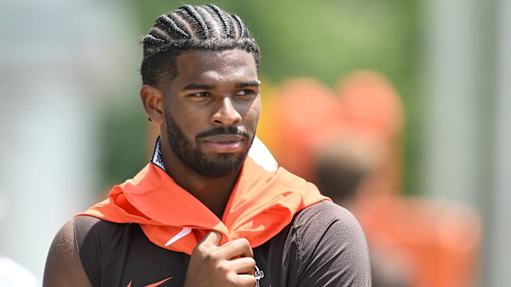 Cleveland Browns quarterback Shedeur Sanders (12) walks off the field during minicamp at CrossCountry Mortgage Campus.