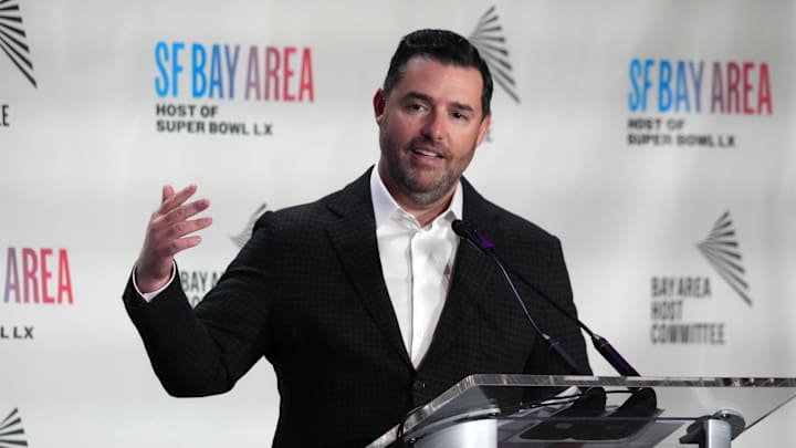 Feb 2, 2026; San Francisco, CA, USA; San Francisco 49ers chief executive officer Jed York speaks during the Bay Area host committee press conference at the Super Bowl LX media center at the Moscone Center. Mandatory Credit: Kirby Lee-Imagn Images