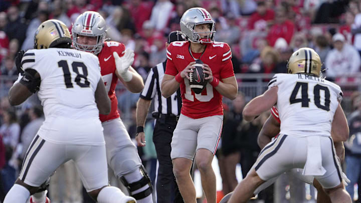 Nov 9, 2024; Columbus, Ohio, USA; Ohio State Buckeyes quarterback Julian Sayin (10) looks for an open man during the second half at Ohio Stadium.
