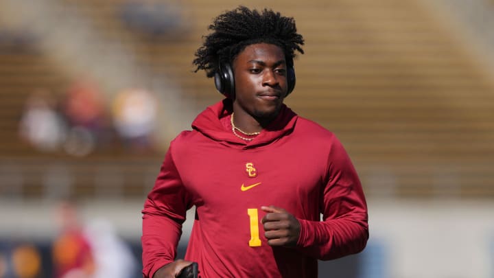 Oct 28, 2023; Berkeley, California, USA; USC Trojans wide receiver Zachariah Branch (1) before the game against the California Golden Bears at California Memorial Stadium. Mandatory Credit: Darren Yamashita-USA TODAY Sports Oct 28, 2023; Berkeley, California, USA; USC Trojans wide receiver Zachariah Branch (1) before the game against the California Golden Bears at California Memorial Stadium. Mandatory Credit: Darren Yamashita-USA TODAY Sports