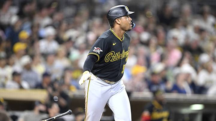 Aug 24, 2026; San Diego, California, USA;  Pittsburgh Pirates right fielder Esmerlyn Valdez (55) hits a solo home run during the sixth inning against the San Diego Padres at Petco Park.  Mandatory Credit: Denis Poroy-Imagn Images