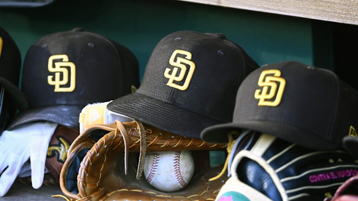 May 24, 2023; Washington, District of Columbia, USA; San Diego Padres hats in the dugout during the game against the Washington Nationals at Nationals Park. Mandatory Credit: Brad Mills-Imagn Images