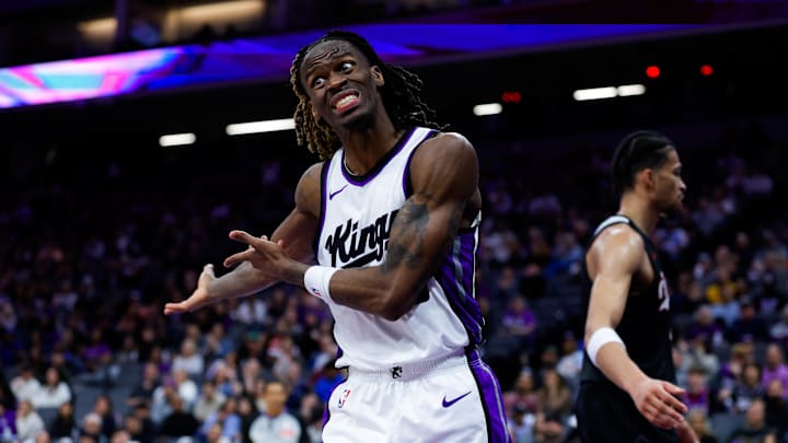 Mar 27, 2025; Sacramento, California, USA; Sacramento Kings guard Keon Ellis (23) reacts to a call during the fourth quarter against the Portland Trail Blazers at Golden 1 Center. Mandatory Credit: Sergio Estrada-Imagn Images