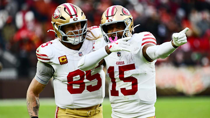 Nov 30, 2025; Cleveland, Ohio, USA; San Francisco 49ers wide receiver Jauan Jennings (15) celebrates with tight end George Kittle (85) after a first down catch against the Cleveland Browns during the fourth quarter at Huntington Bank Field. Mandatory Credit: Ken Blaze-Imagn Images