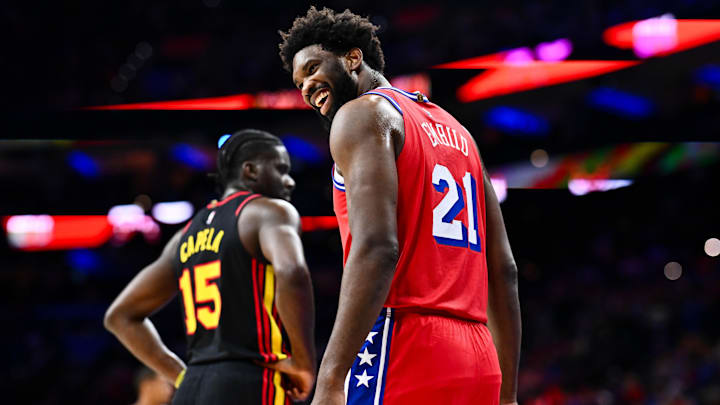 Dec 8, 2023; Philadelphia, Pennsylvania, USA; Philadelphia 76ers center Joel Embiid (21) reacts against the Atlanta Hawks in the first quarter at Wells Fargo Center. Mandatory Credit: Kyle Ross-Imagn Images