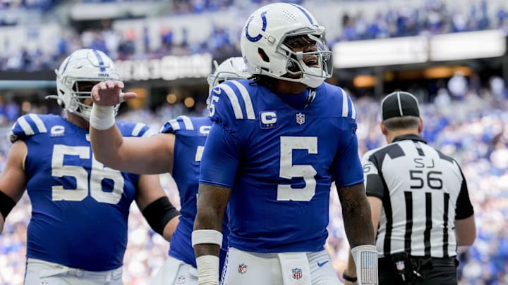 Sep 8, 2024; Indianapolis, Indiana, USA; Indianapolis Colts quarterback Anthony Richardson (5) celebrates after scoring a touchdown Sunday, Sept. 8, 2024, during a game against the Houston Texans at Lucas Oil Stadium. Mandatory Credit: Grace Hollars/USA TODAY Network via Imagn Images