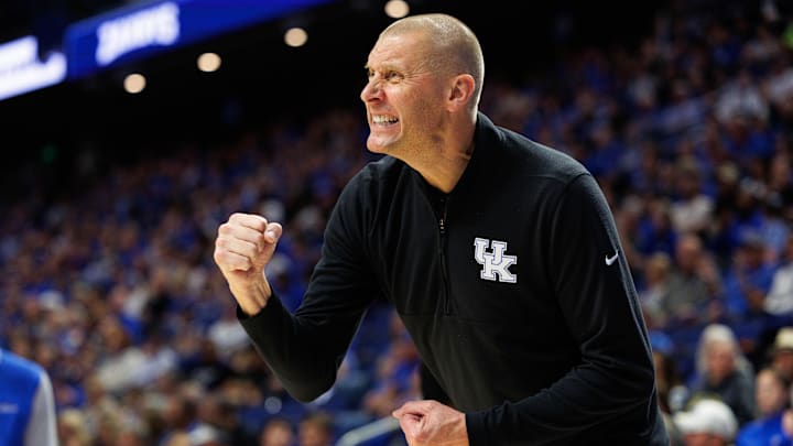 Oct 23, 2024; Lexington, KY, USA; Kentucky Wildcats head coach Mark Pope celebrates during the first half against the Kentucky Wesleyan Panthers at Rupp Arena at Central Bank Center. Mandatory Credit: Jordan Prather-Imagn Images