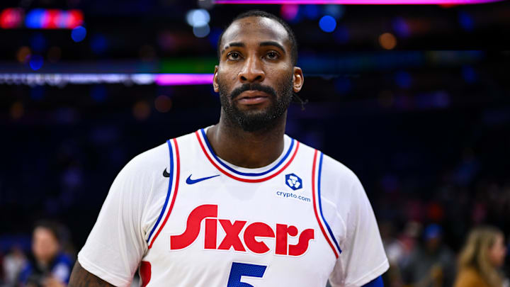 Nov 24, 2024; Philadelphia, Pennsylvania, USA; Philadelphia 76ers center Andre Drummond (5) looks on after the game against the Los Angeles Clippers at Wells Fargo Center. Mandatory Credit: Kyle Ross-Imagn Images