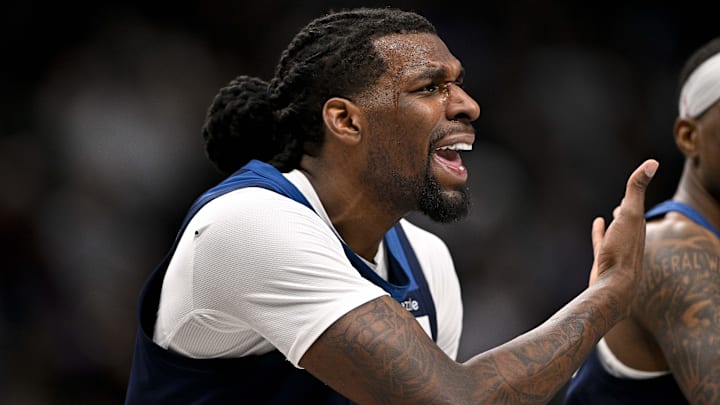 Jan 22, 2025; Dallas, Texas, USA; Minnesota Timberwolves center Naz Reid (11) reacts to being called for a technical foul against the Dallas Mavericks during the second half at the American Airlines Center.