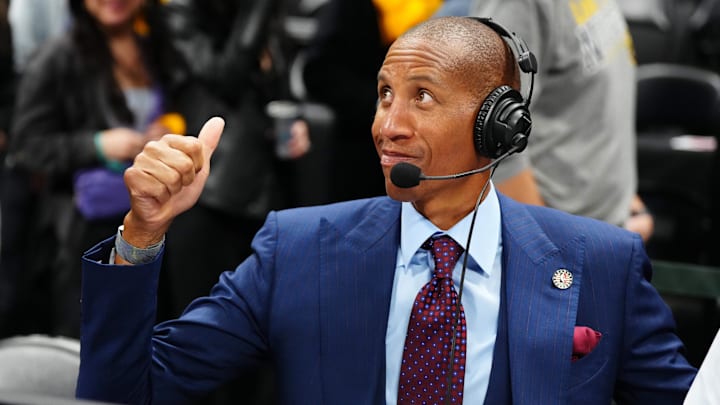 Nov 14, 2023; Denver, Colorado, USA; American former professional basketball player Reggie Miller reacts after the game between the LA Clippers against the Denver Nuggets at Ball Arena. Mandatory Credit: Ron Chenoy-Imagn Images