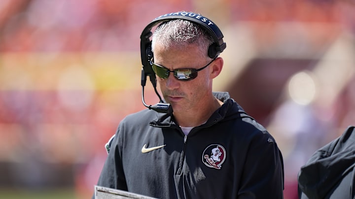 Sep 23, 2023; Clemson, South Carolina, USA; Florida State Seminoles head coach Mike Norvell on the sideline in the first half against the Clemson Tigers at Memorial Stadium. Mandatory Credit: David Yeazell-Imagn Images