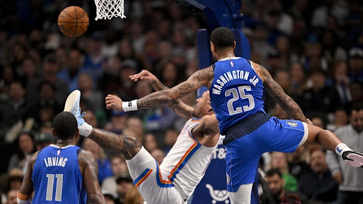 Jan 17, 2025; Dallas, Texas, USA; Oklahoma City Thunder forward Jaylin Williams (6) is fouled by Dallas Mavericks forward P.J. Washington (25) during the second half at the American Airlines Center. Mandatory Credit: Jerome Miron-Imagn Images Jan 17, 2025; Dallas, Texas, USA; Oklahoma City Thunder forward Jaylin Williams (6) is fouled by Dallas Mavericks forward P.J. Washington (25) during the second half at the American Airlines Center. Mandatory Credit: Jerome Miron-Imagn Images