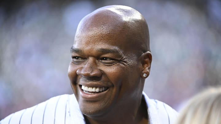 Aug 31, 2024; Chicago, Illinois, USA; Former Chicago White Sox player Frank Thomas smiles before the team’s game against the New York Mets. He was there to throw out a ceremonial first pitch. at Guaranteed Rate Field. Mandatory Credit: Matt Marton-Imagn Images Aug 31, 2024; Chicago, Illinois, USA; Former Chicago White Sox player Frank Thomas smiles before the team’s game against the New York Mets. He was there to throw out a ceremonial first pitch. at Guaranteed Rate Field. Mandatory Credit: Matt Marton-Imagn Images