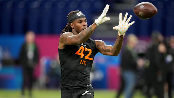 Mar 1, 2025; Indianapolis, IN, USA; Tennessee wideout Dont'e Thornton (WO42) during the 2025 NFL Combine at Lucas Oil Stadium. Mandatory Credit: Kirby Lee-Imagn Images