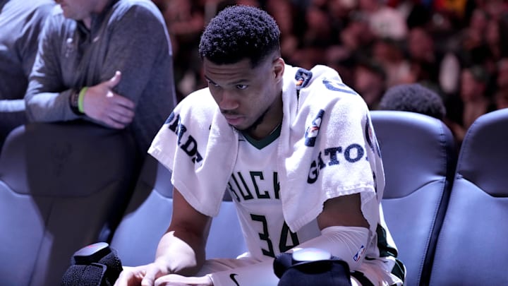 Mar 8, 2025; Milwaukee, Wisconsin, USA; Milwaukee Bucks forward Giannis Antetokounmpo (34) sits on the bench during a time out against the Orlando Magic in the second half at Fiserv Forum. Mandatory Credit: Michael McLoone-Imagn Images