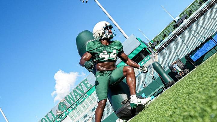 Aug 11, 2026; New Orleans, LA, USA; Tulane linebacker Jean Claude Joseph III (44) participating in a drill during practice at Yulman Stadium. Mandatory credit: @GreenWaveFB on X.com Aug 11, 2026; New Orleans, LA, USA; Tulane linebacker Jean Claude Joseph III (44) participating in a drill during practice at Yulman Stadium. Mandatory credit: @GreenWaveFB on X.com