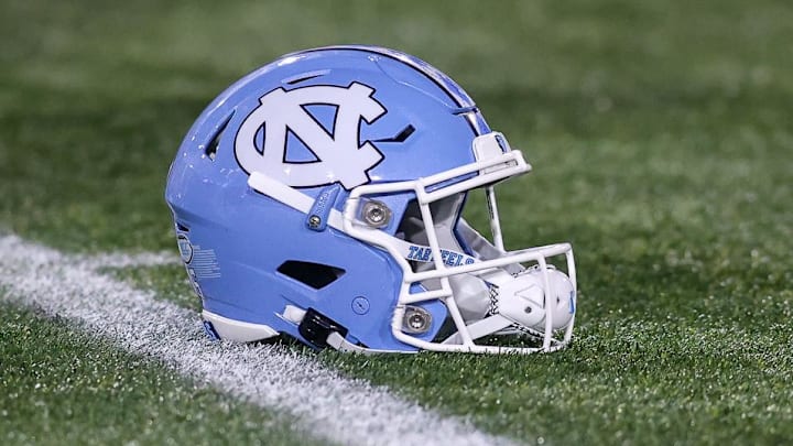 Oct 28, 2023; Atlanta, Georgia, USA; A detailed view of a North Carolina Tar Heels helmet on the field before a game against the Georgia Tech Yellow Jackets at Bobby Dodd Stadium at Hyundai Field. Mandatory Credit: Brett Davis-Imagn Images