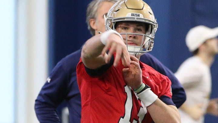Notre Dame quarterback Riley Leonard passes at Notre Dame spring football practice Thursday,