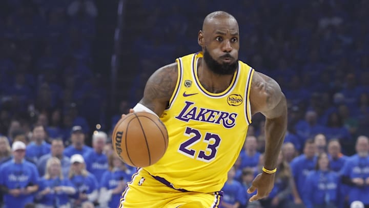 May 5, 2026; Oklahoma City, Oklahoma, USA; Los Angeles Lakers forward LeBron James (23) dribbles down the court against the Oklahoma City Thunder in the first half during game one of the second round of the 2026 NBA Playoffs at Paycom Center. Mandatory Credit: Alonzo Adams-Imagn Images May 5, 2026; Oklahoma City, Oklahoma, USA; Los Angeles Lakers forward LeBron James (23) dribbles down the court against the Oklahoma City Thunder in the first half during game one of the second round of the 2026 NBA Playoffs at Paycom Center. Mandatory Credit: Alonzo Adams-Imagn Images