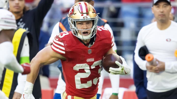 Dec 17, 2023; Glendale, Arizona, USA; San Francisco 49ers running back Christian McCaffrey (23) against the Arizona Cardinals at State Farm Stadium. Mandatory Credit: Mark J. Rebilas-USA TODAY Sports Dec 17, 2023; Glendale, Arizona, USA; San Francisco 49ers running back Christian McCaffrey (23) against the Arizona Cardinals at State Farm Stadium. Mandatory Credit: Mark J. Rebilas-USA TODAY Sports