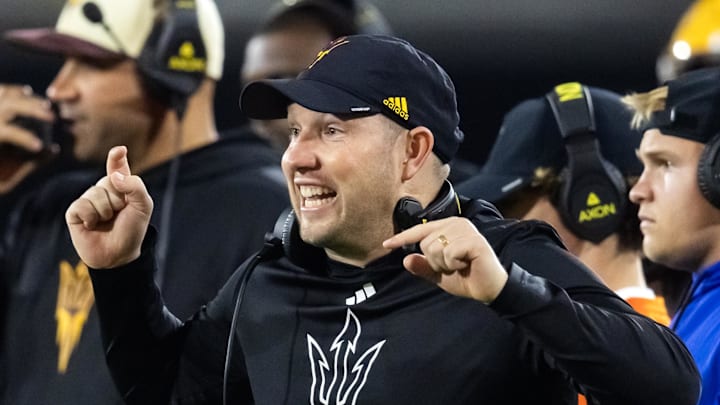 Nov 28, 2025; Tempe, Arizona, USA; Arizona State Sun Devils head coach Kenny Dillingham reacts against the Arizona Wildcats during the 99th Territorial Cup at Mountain America Stadium. Mandatory Credit: Mark J. Rebilas-Imagn Images