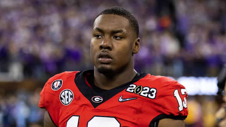 Jan 9, 2023; Inglewood, CA, USA; Georgia Bulldogs defensive lineman Mykel Williams (13) against the TCU Horned Frogs during the CFP national championship game at SoFi Stadium. Mandatory Credit: Mark J. Rebilas-Imagn Images