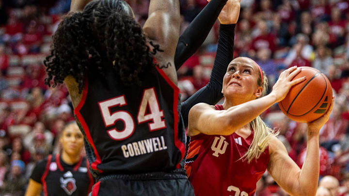 Indiana's Sydney Parrish (33) shoots over Rutgers' Chyna Cornwell (54) during the Indiana versus Rutgers women's basketball game at Simon Skjodt Assembly Hall on Thursday, Feb. 6, 2025. Indiana's Sydney Parrish (33) shoots over Rutgers' Chyna Cornwell (54) during the Indiana versus Rutgers women's basketball game at Simon Skjodt Assembly Hall on Thursday, Feb. 6, 2025.