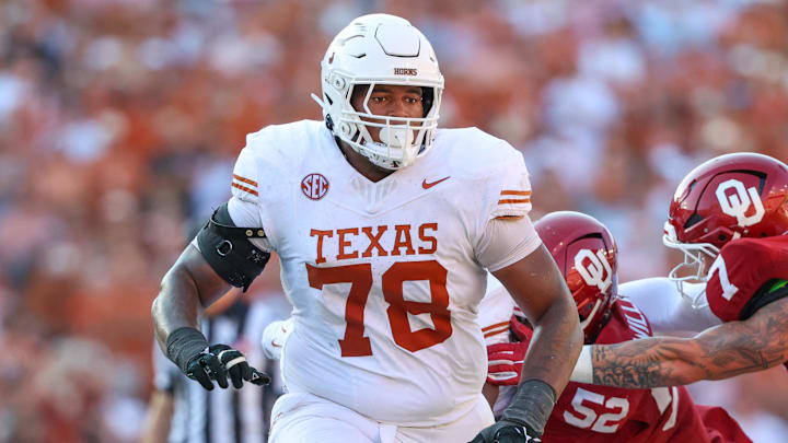 Oct 12, 2024; Dallas, Texas, USA;  Texas Longhorns offensive lineman Kelvin Banks Jr. (78) in action during the game against the Oklahoma Sooners at the Cotton Bowl. Mandatory Credit: Kevin Jairaj-Imagn Images