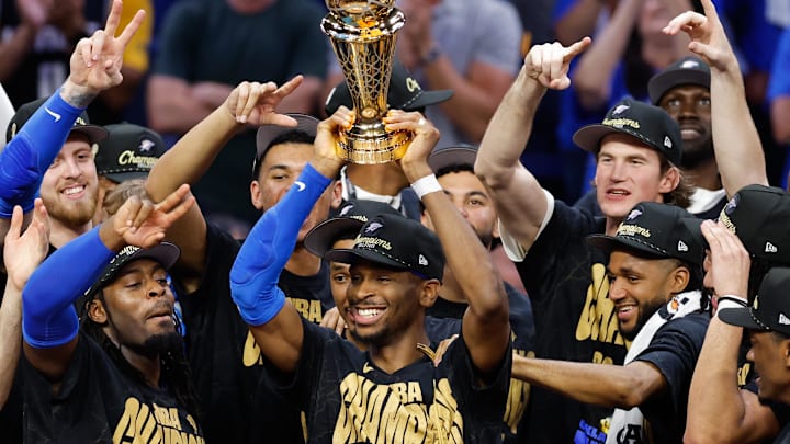 Jun 22, 2025; Oklahoma City, Oklahoma, USA; Oklahoma City Thunder guard Shai Gilgeous-Alexander (2) lifts the Larry O'Brien Championship Trophy as the Oklahoma City Thunder celebrate after winning game seven of the 2025 NBA Finals against the Indiana Pacers at Paycom Center. Mandatory Credit: Alonzo Adams-Imagn Images