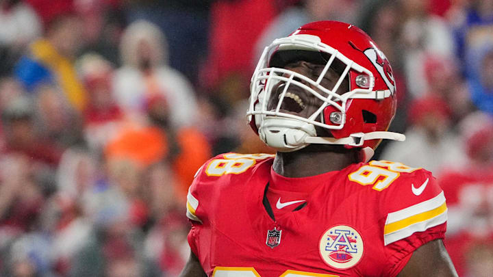 Dec 8, 2024; Kansas City, Missouri, USA; Kansas City Chiefs defensive tackle Tershawn Wharton (98) celebrates after a sack against the Los Angeles Chargers during the first half at GEHA Field at Arrowhead Stadium. Mandatory Credit: Denny Medley-Imagn Images