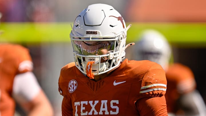 Texas Longhorns wide receiver DeAndre Moore Jr. looks on during the game between the Texas Longhorns and the Oklahoma Sooners at the Cotton Bowl. 