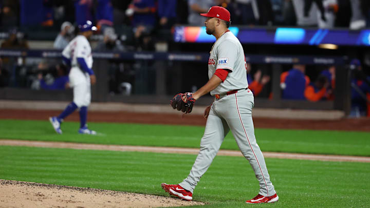 Oct 9, 2024; New York, New York, USA; Philadelphia Phillies pitcher Carlos Estevez (53) reacts to giving up a grand slam to New York Mets shortstop Francisco Lindor (not pictured) in the sixth inning in game four of the NLDS for the 2024 MLB Playoffs at Citi Field. Mandatory Credit: Wendell Cruz-Imagn Images