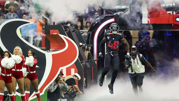 Dec 25, 2024; Houston, Texas, USA; Houston Texans linebacker Christian Harris (48) is introduced before playing against the Baltimore Ravens in the first quarter at NRG Stadium. Mandatory Credit: Thomas Shea-Imagn Images