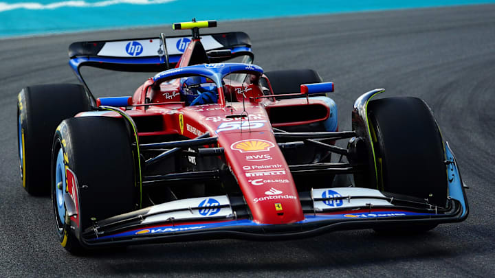 May 3, 2024; Miami Gardens, Florida, USA; Ferrari driver Carlos Sainz (55) races out of turn 17 during F1 Sprint Qualifying at Miami International Autodrome. Mandatory Credit: John David Mercer-USA TODAY Sports May 3, 2024; Miami Gardens, Florida, USA; Ferrari driver Carlos Sainz (55) races out of turn 17 during F1 Sprint Qualifying at Miami International Autodrome. Mandatory Credit: John David Mercer-USA TODAY Sports