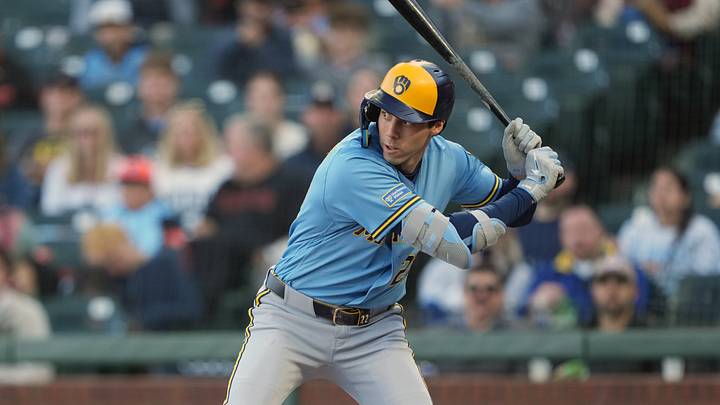 Jul 27, 2026; San Francisco, California, USA; Milwaukee Brewers designated hitter Christian Yelich (22) bats against the San Francisco Giants during the first inning at Oracle Park. Mandatory Credit: Darren Yamashita-Imagn Images Jul 27, 2026; San Francisco, California, USA; Milwaukee Brewers designated hitter Christian Yelich (22) bats against the San Francisco Giants during the first inning at Oracle Park. Mandatory Credit: Darren Yamashita-Imagn Images