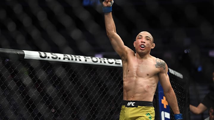 Dec 14, 2019; Las Vegas, NV, USA; (Editors Notes: Caption Correction) Jose Aldo (blue gloves) reacts