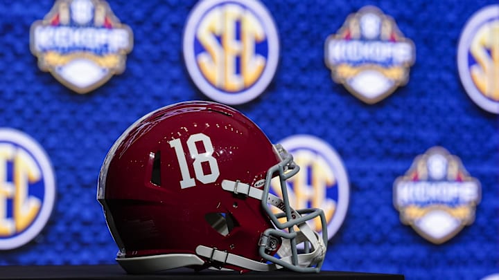 Jul 19, 2022; Atlanta, GA, USA; The Alabama helmet on the stage during the SEC Media Days at the College Football Hall of Fame. Mandatory Credit: Dale Zanine-Imagn Images