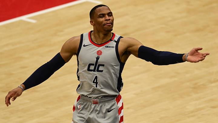 May 20, 2021; Washington, District of Columbia, USA;  Washington Wizards guard Russell Westbrook (4) reacts after making a basket during the third quarter against the Indiana Pacers at Capital One Arena. Mandatory Credit: Tommy Gilligan-Imagn Images