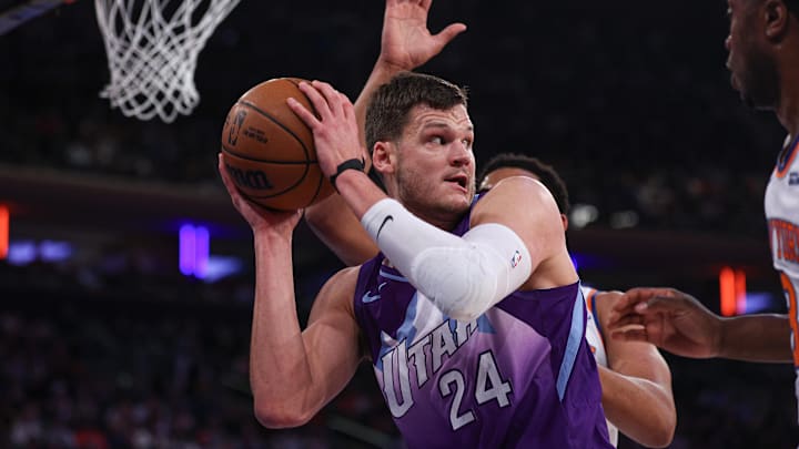 Jan 1, 2025; New York, New York, USA; Utah Jazz center Walker Kessler (24) secures the ball after a rebound during the first half against the New York Knicks at Madison Square Garden. Mandatory Credit: Vincent Carchietta-Imagn Images Jan 1, 2025; New York, New York, USA; Utah Jazz center Walker Kessler (24) secures the ball after a rebound during the first half against the New York Knicks at Madison Square Garden. Mandatory Credit: Vincent Carchietta-Imagn Images