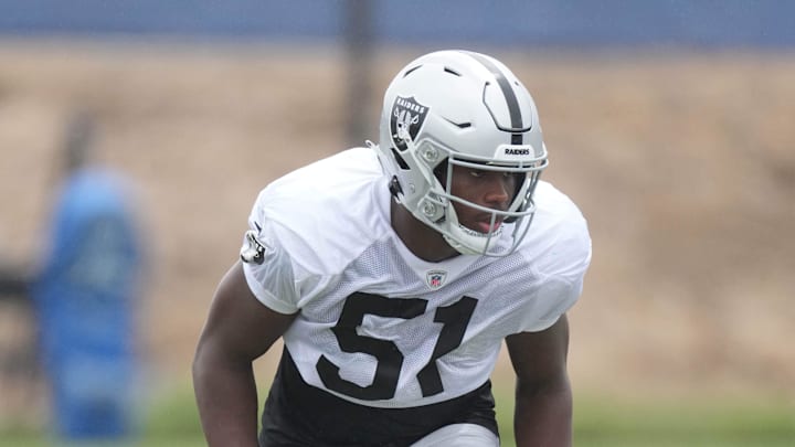 Aug 18, 2021; Thousand Oaks, CA, USA;  Las Vegas Raiders  defensive end Malcolm Koonce (51) during a joint practice against the Los Angeles Rams. Mandatory Credit: Kirby Lee-Imagn Images