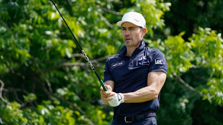 Camilo Villegas prepares to play his tee shot at the Charles Schwab Challenge