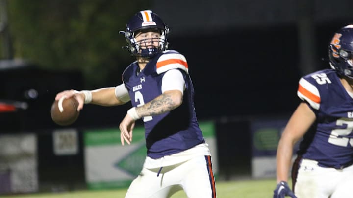 Nashville Christian quarterback Jared Curtis (2) drops back to throw the ball in the red zone against Fayetteville during the first quarter of their TSSAA football game Friday, Oct. 18, 2024 at Nashville Christian School in Nashville, Tennessee.