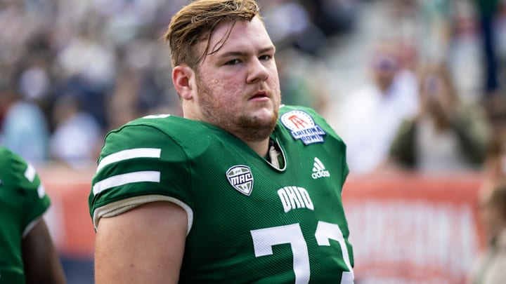 Dec 30, 2022; Tucson, AZ, USA; Ohio Bobcats offensive lineman Joseph Habinowski (73) against the Wyoming Cowboys during the 2022 Barstool Sports Arizona Bowl at Arizona Stadium. Mandatory Credit: Mark J. Rebilas-Imagn Images