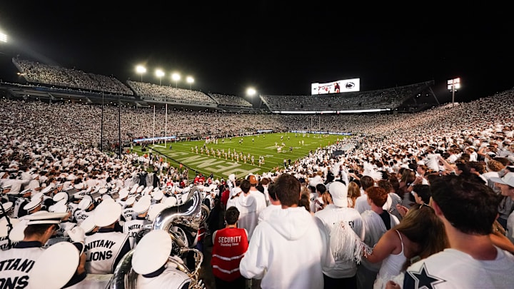 Penn State football fans cheer before the White Out game vs. the oregon Ducks at Beaver Stadium. 