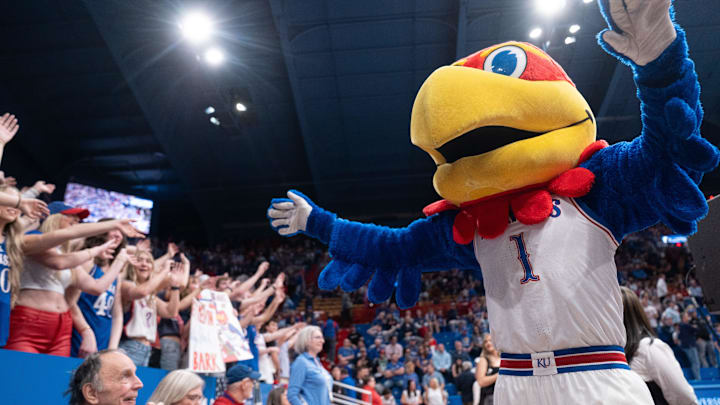 Kansas Jayhawks mascot Big Jay pumps up the crowd before they take on Arizona Wildcats during the game inside Allen Fieldhouse on Feb. 9, 2026.